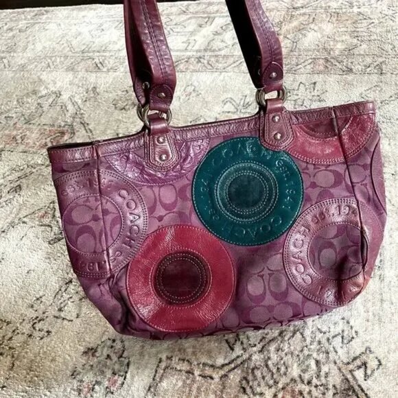 Coach East West Circle Patchwork Zip Tote Shoulder Bag Purple Leather Canvas - Picture 5 of 12